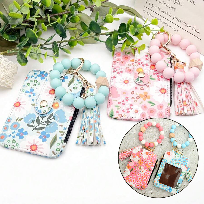 Florale Lederbrieftasche mit Schlüsselanhänger und Armband