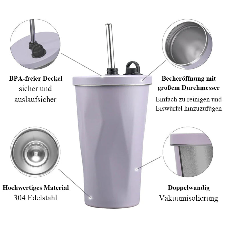 Trinkbecher aus Edelstahl mit Strohhalm
