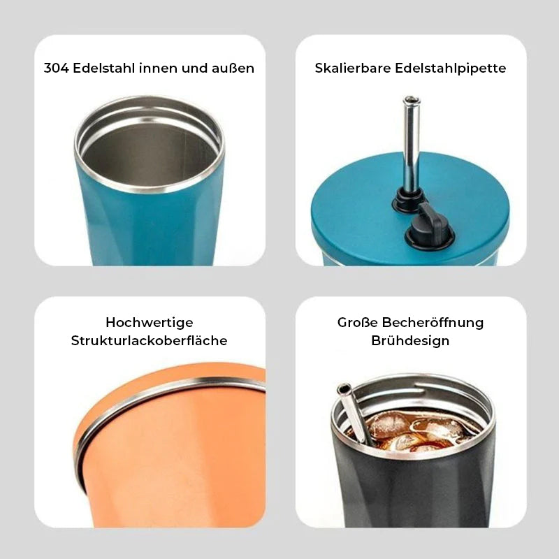 Trinkbecher aus Edelstahl mit Strohhalm
