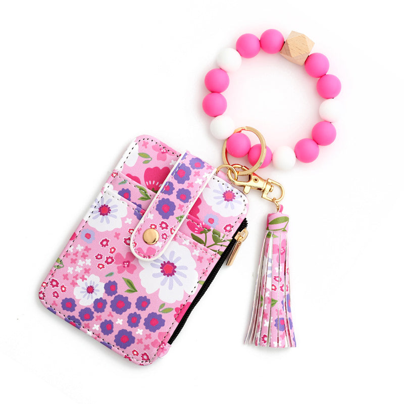 Florale Lederbrieftasche mit Schlüsselanhänger und Armband