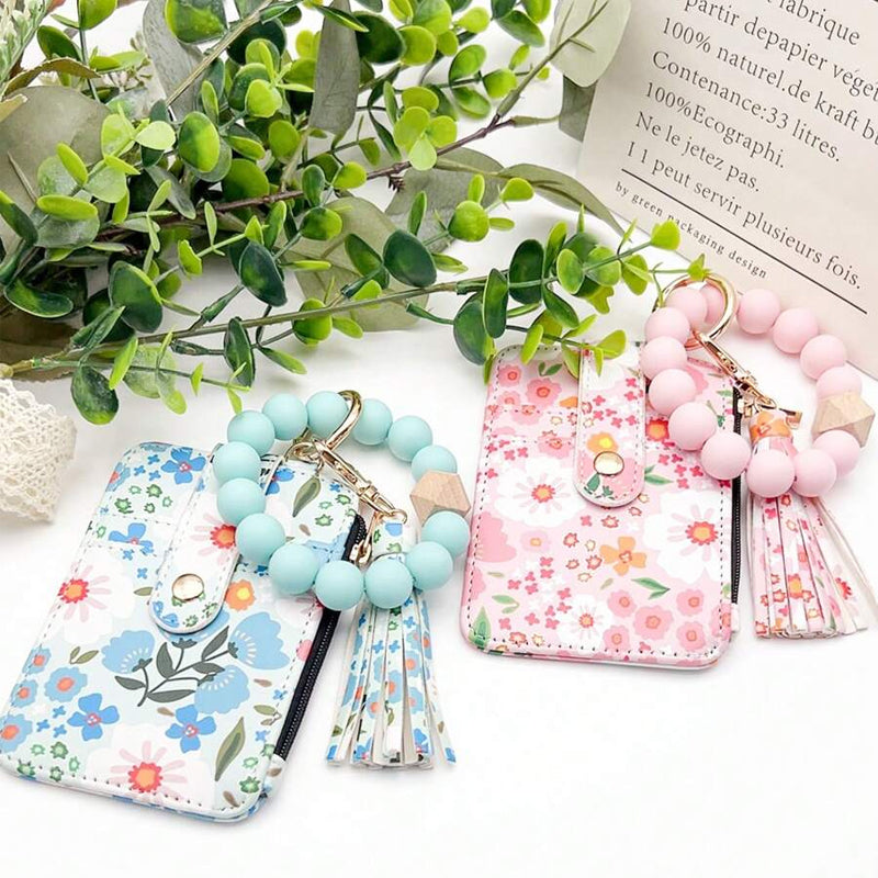 Florale Lederbrieftasche mit Schlüsselanhänger und Armband
