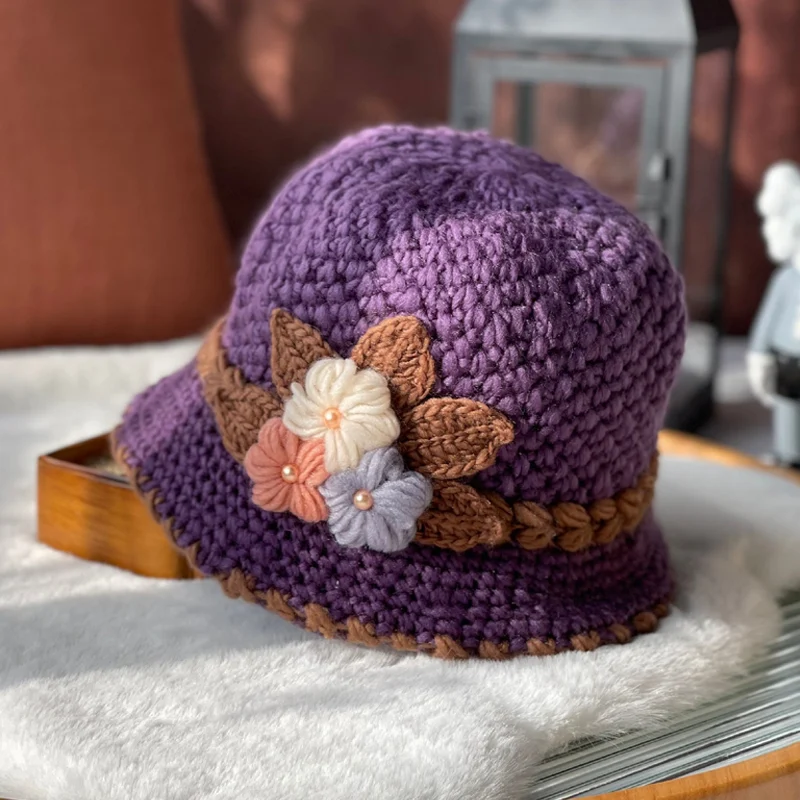 Verdickte Damen-Wollmütze mit Blumenmuster